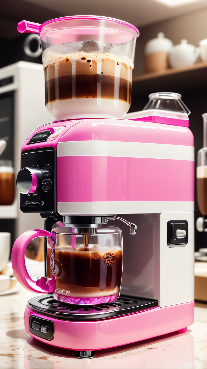 <lora:BarbieCore:0.8> BarbieCore coffee machine, (shiny plastic:0.8)